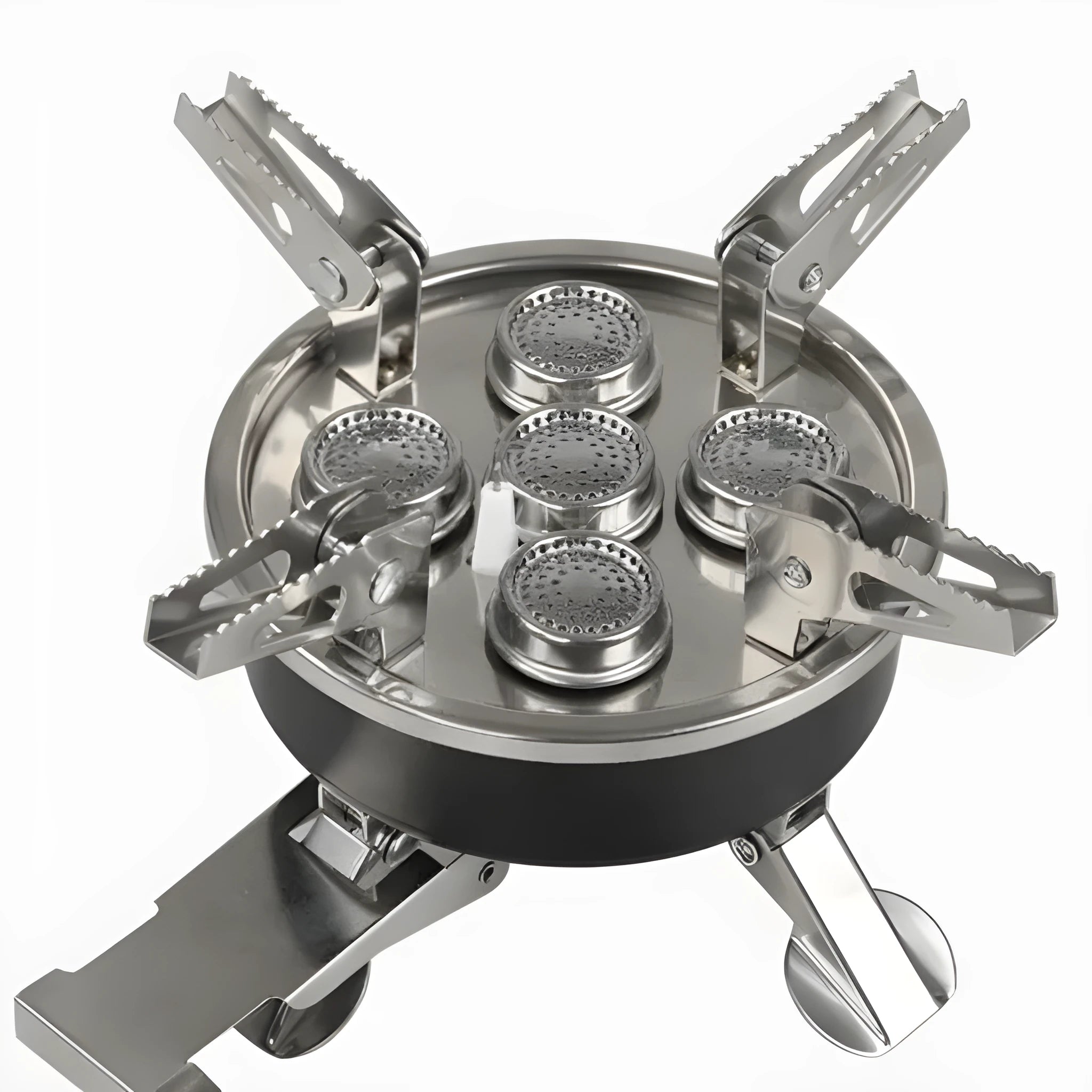 Silver portable split camping stove made of stainless steel and copper, shown folded with gas hose.