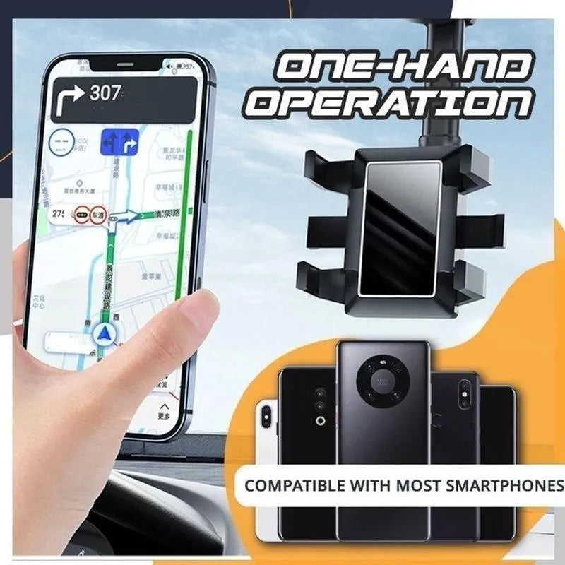 Black rearview mirror car phone holder with rotating head and four gripping claws extended.
