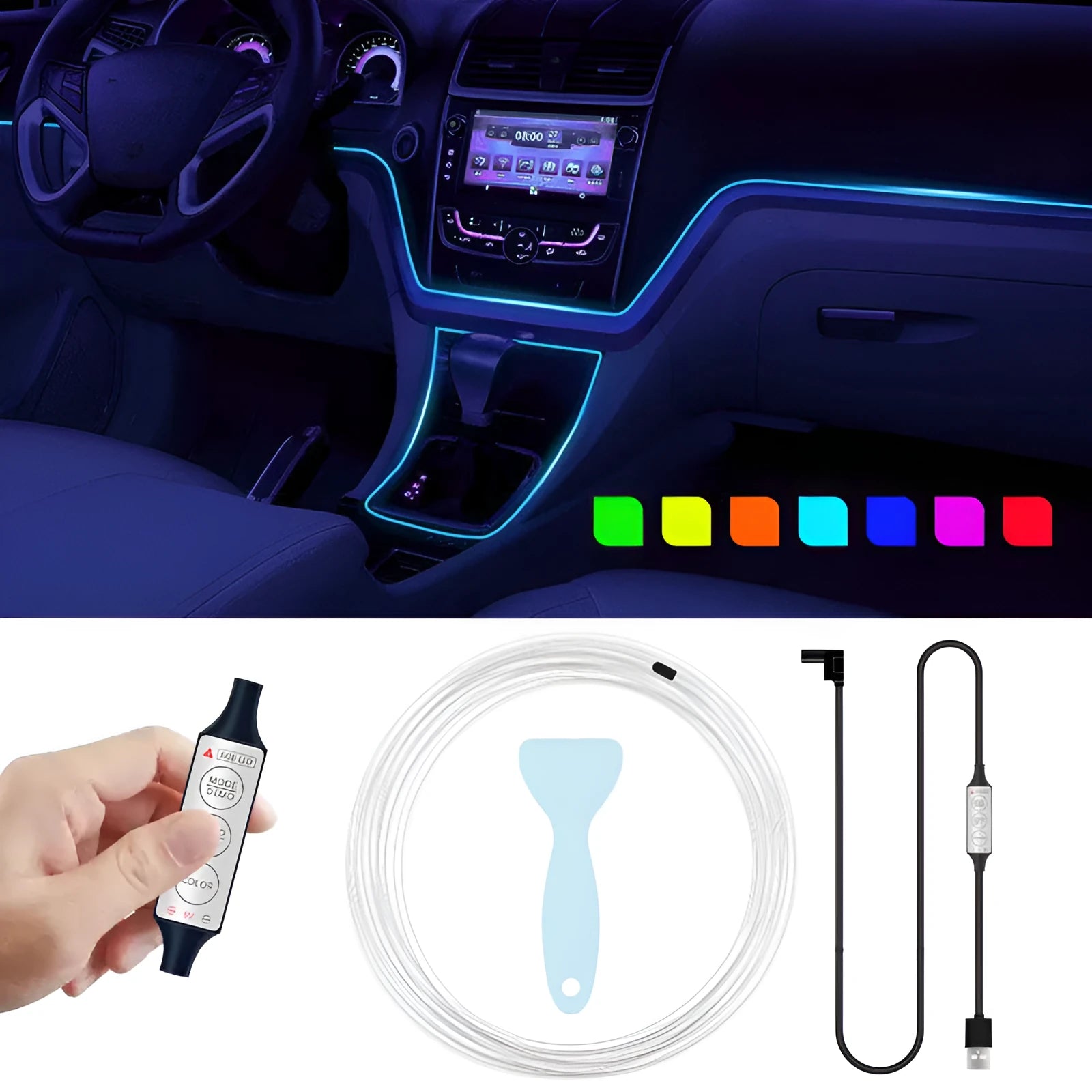 Car interior USB RGB LED light strip kit with wireless remote control showing colour options