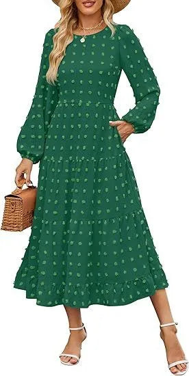 Autumn long sleeve dress with high waist and ruffle sleeves in solid colour options