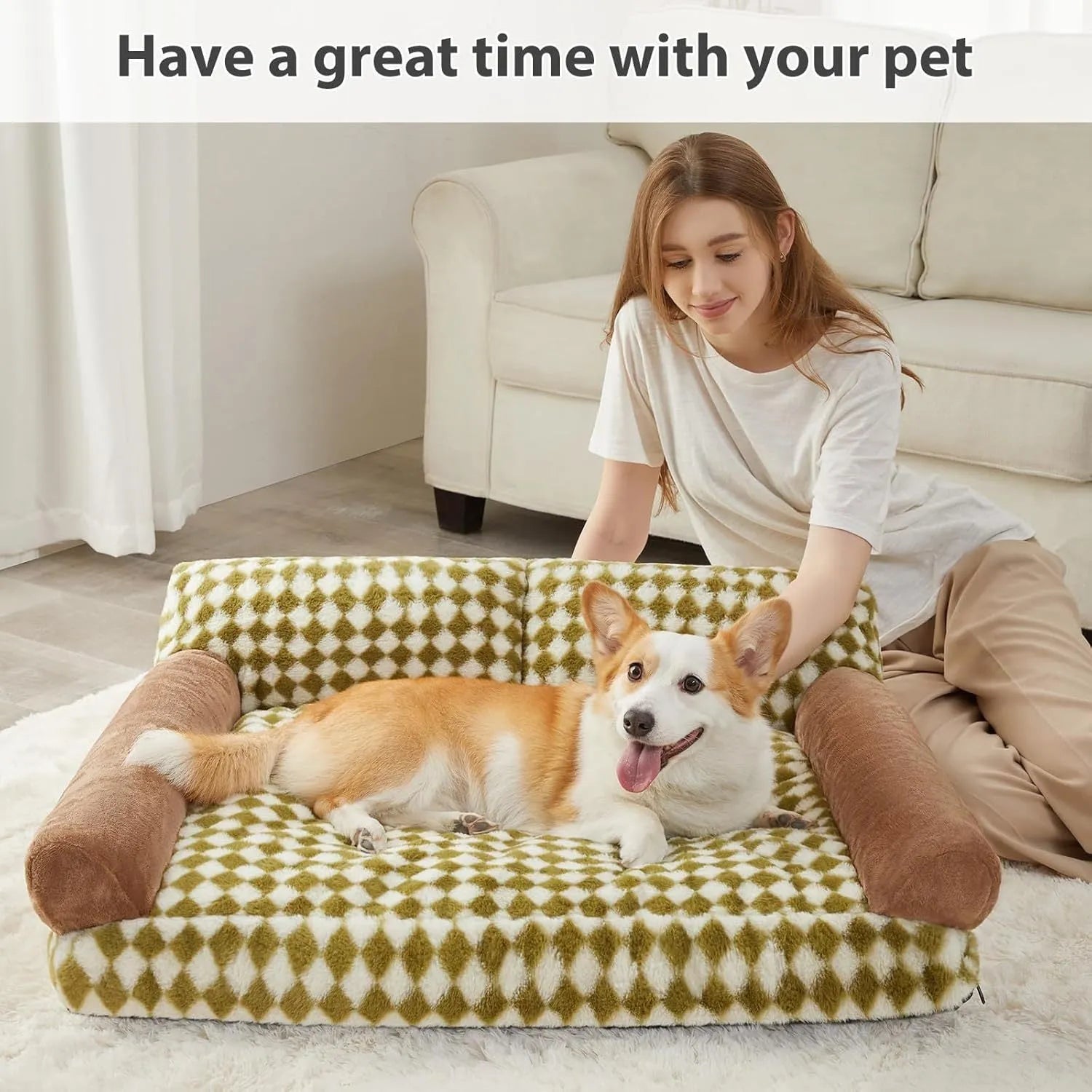Grey checkered washable pet couch bed for small cat or dog on a wooden floor.