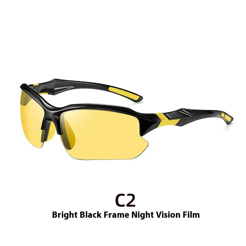 Men’s polarized photochromic sunglasses with bright black frame and full gray lenses for cycling and driving