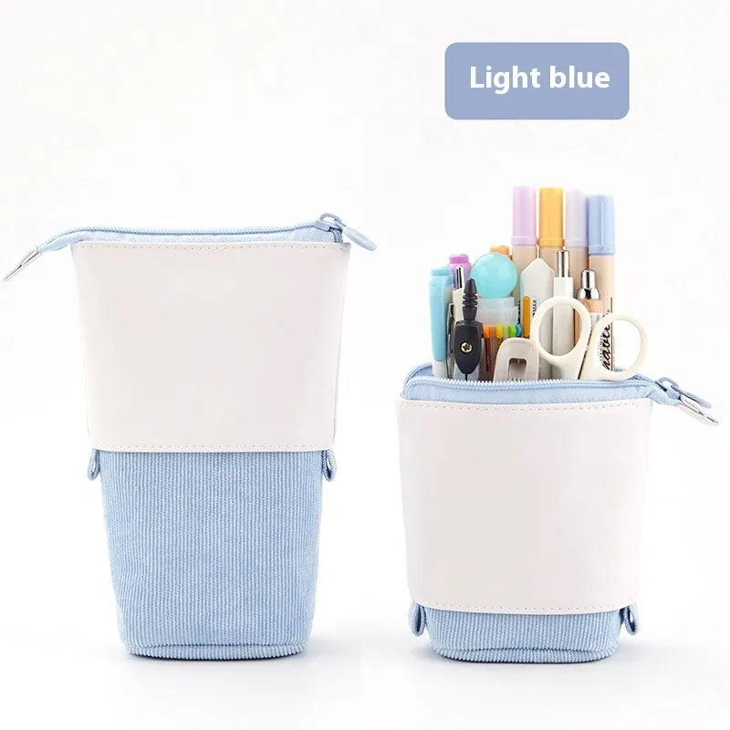 Korean-style telescopic stationery case in purple PU corduroy with drop-down expanded design