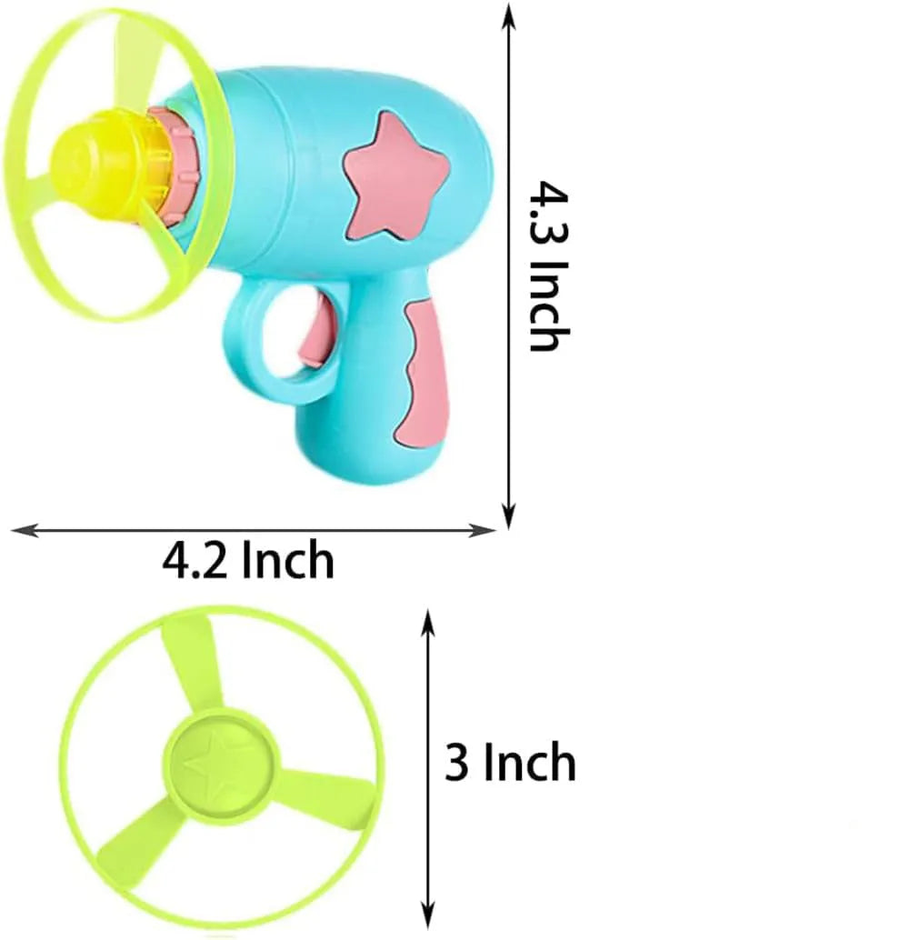 Blue interactive cat toy gun with plastic Frisbee on launch mechanism for indoor hunting play