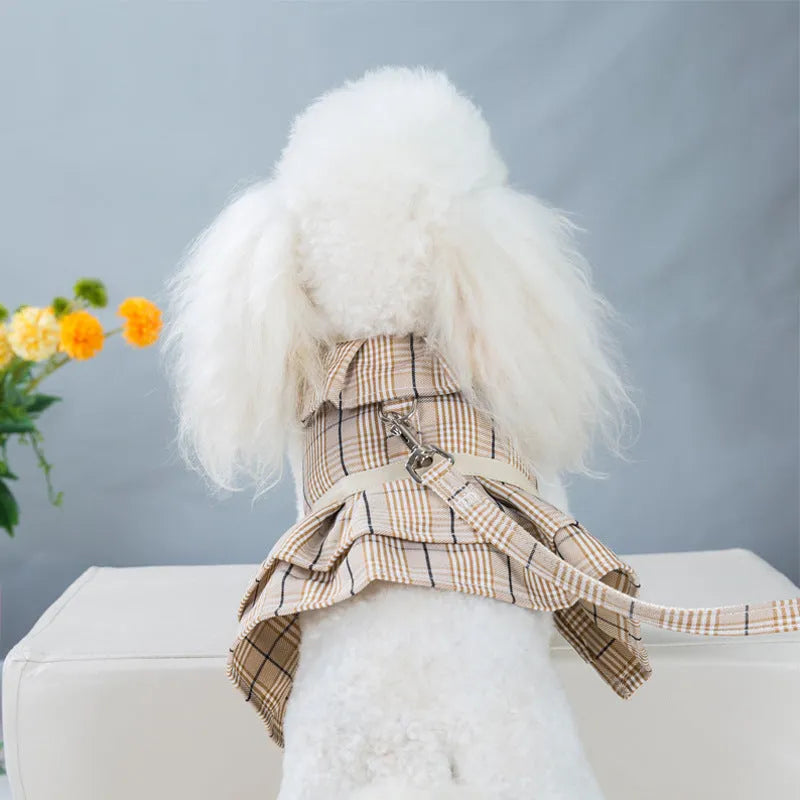 Milky white and purple pet vest harnesses with integrated hand-holding rope and skirt.