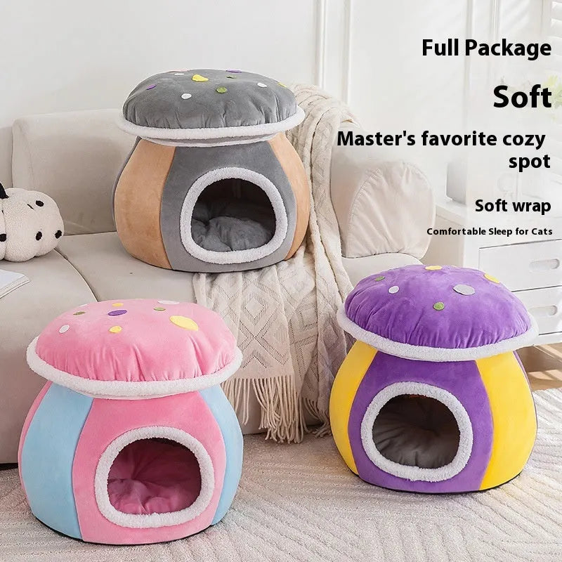 Mushroom-shaped cat nest with plush lining in grey, pink, or purple colours
