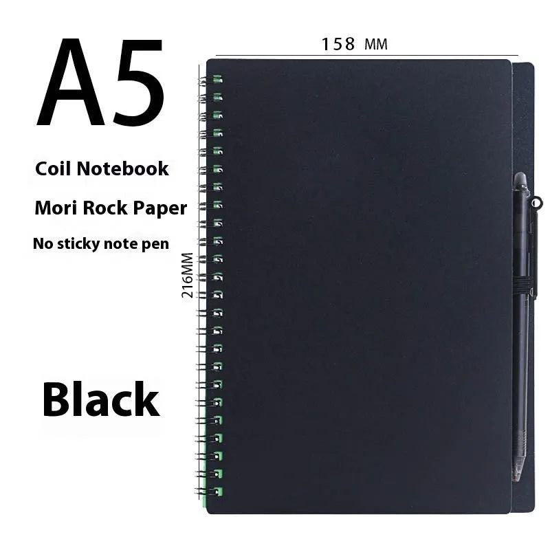 Erasable reusable coil notebook with rock stone paper, shown with a pen and cleaning cloth on a customisable cover.