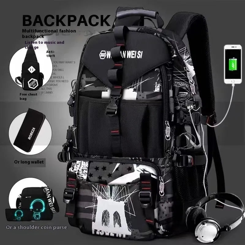 Men's large waterproof hiking backpack in Oxford cloth with air cushion back system, shown in a camouflage colour variant.