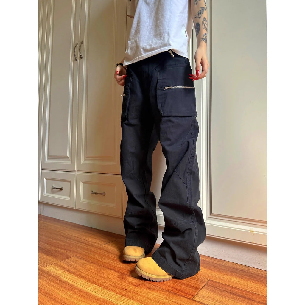 Green casual trousers with double zipper workwear design and elastic waistband