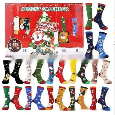 Seven different Christmas stocking blind boxes with colourful resin decorations for holiday displays