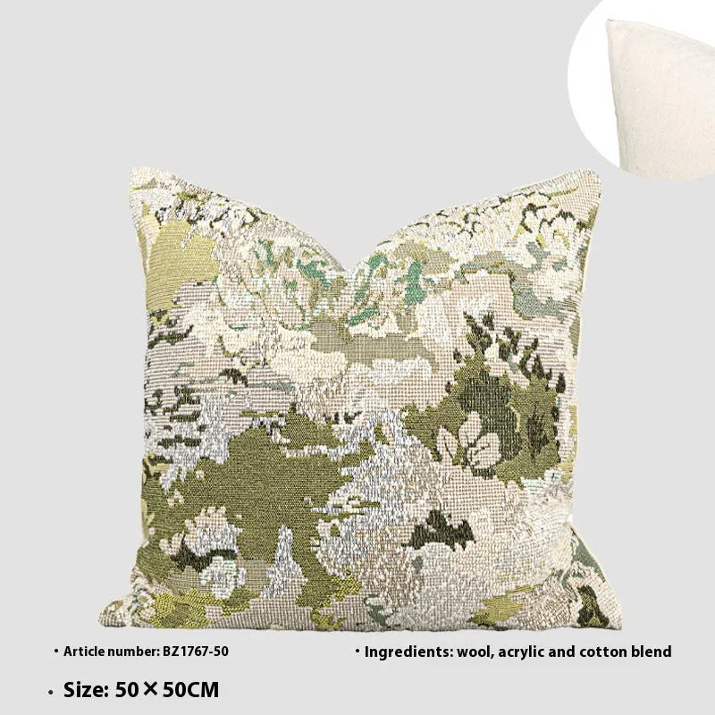 Antique green decorative pillow with abstract botanical pattern, available in square and waist pillow sizes