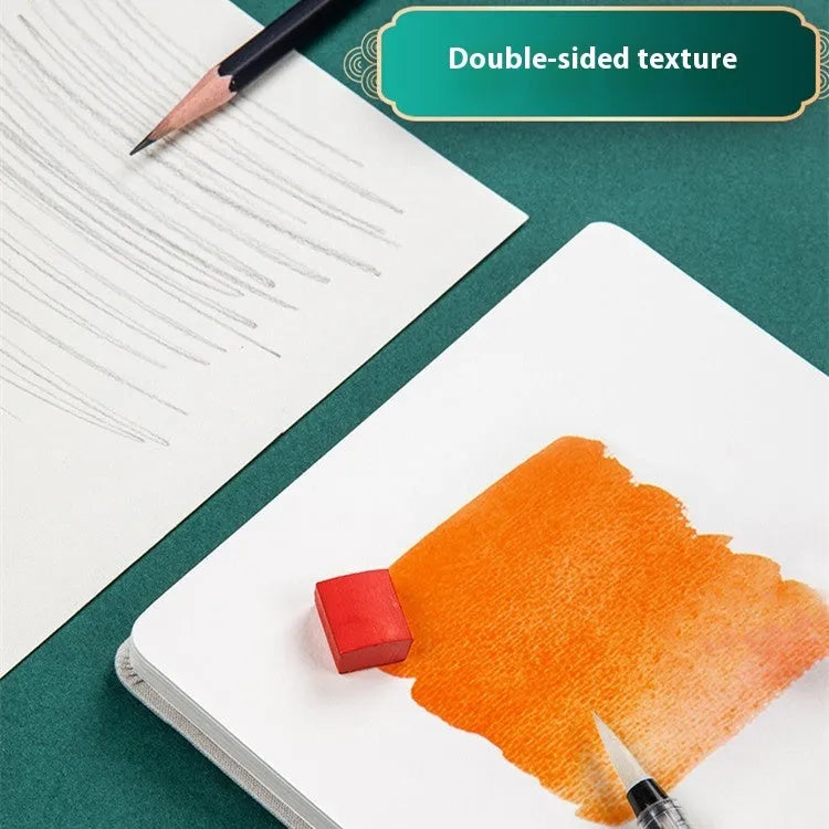 Feiluniao handmade fabric watercolour notebook with illustrated cover, open to show blank paper pages.