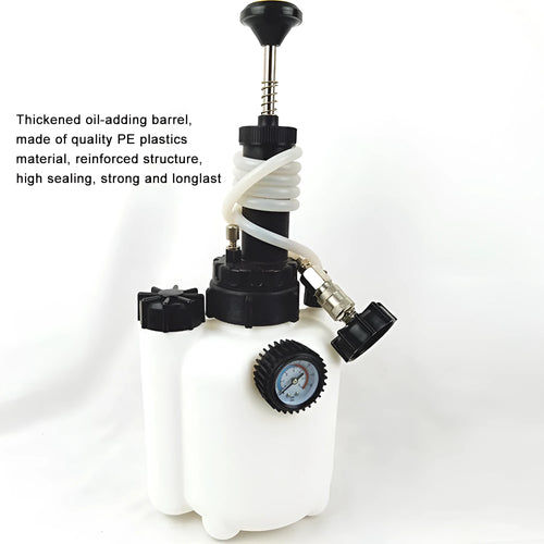 White 3-litre automobile brake oil tank replacement tool made from copper, iron, and plastic.