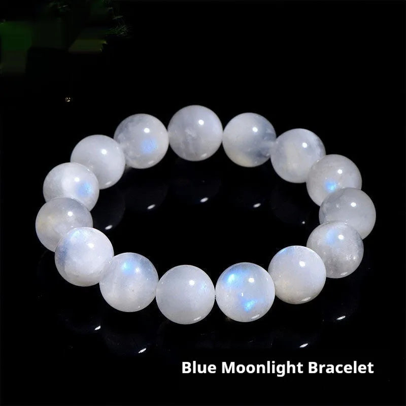 Natural blue moonlight coloured moonstone round bead bracelet on a white background.
