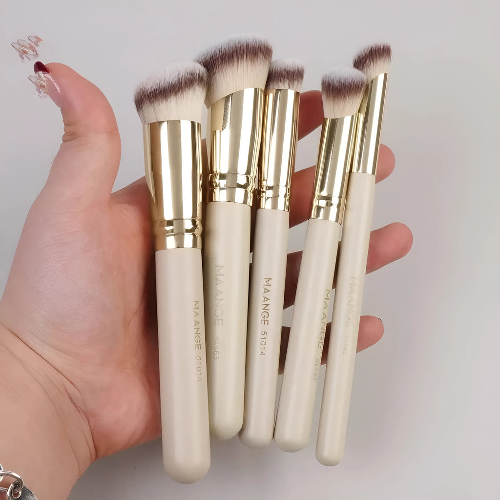5-piece apricot coloured makeup brush set with angled blusher brush for powder and cream application