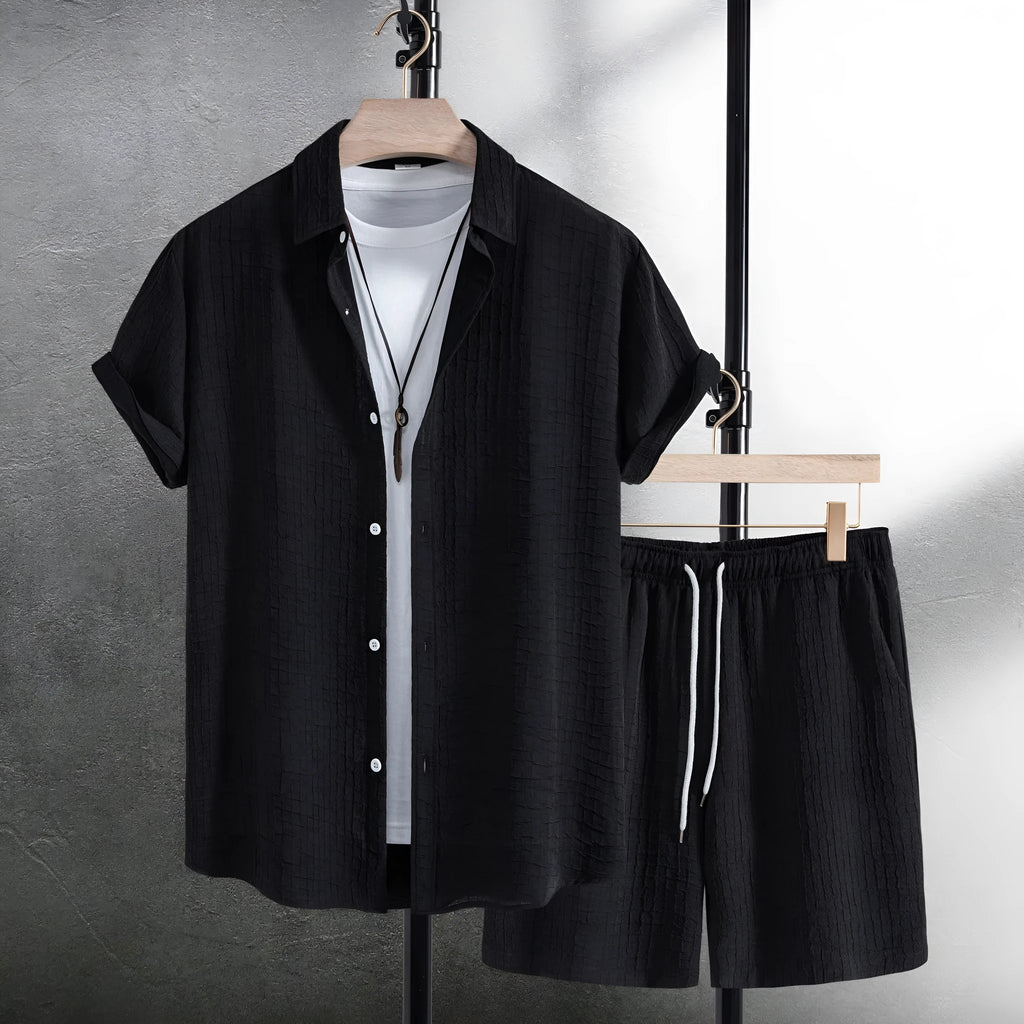 Men's white cotton blend short sleeve shirt and shorts casual suit set