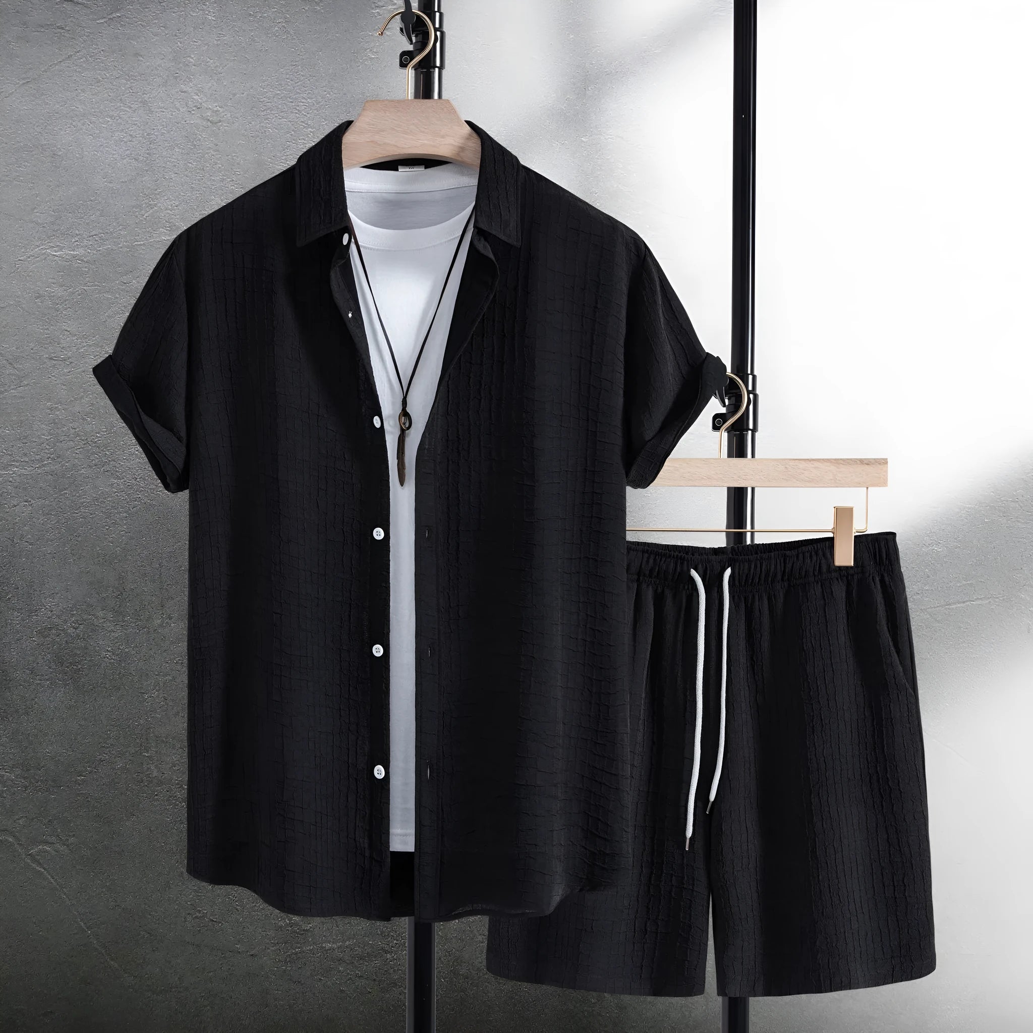 Men's white cotton blend short sleeve shirt and shorts casual suit set