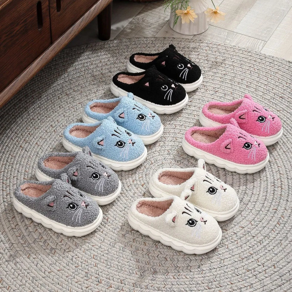 Cartoon cat fluffy slippers with plush upper and EVA sole in pink and gray colour options