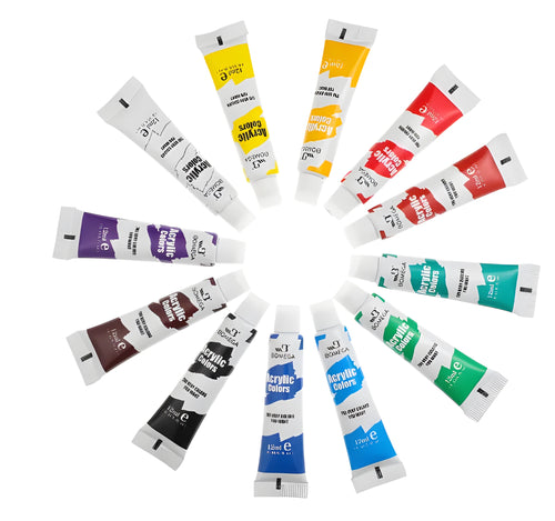 Set of 12 tube acrylic paints for watercolour, gouache, and oil painting techniques.