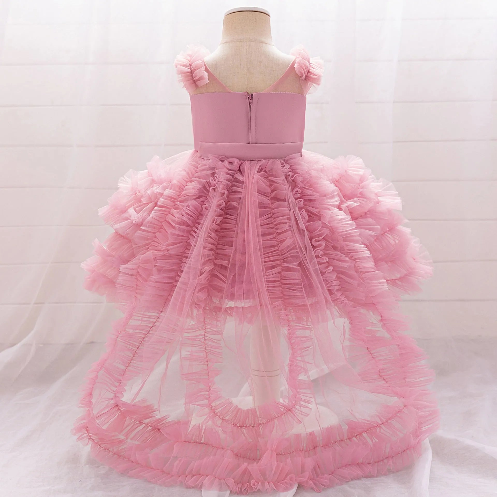 New Children's Sleeveless Mesh Long Dress in Bean Pink for Girls, Trueran Fabric, Available in Multiple Sizes