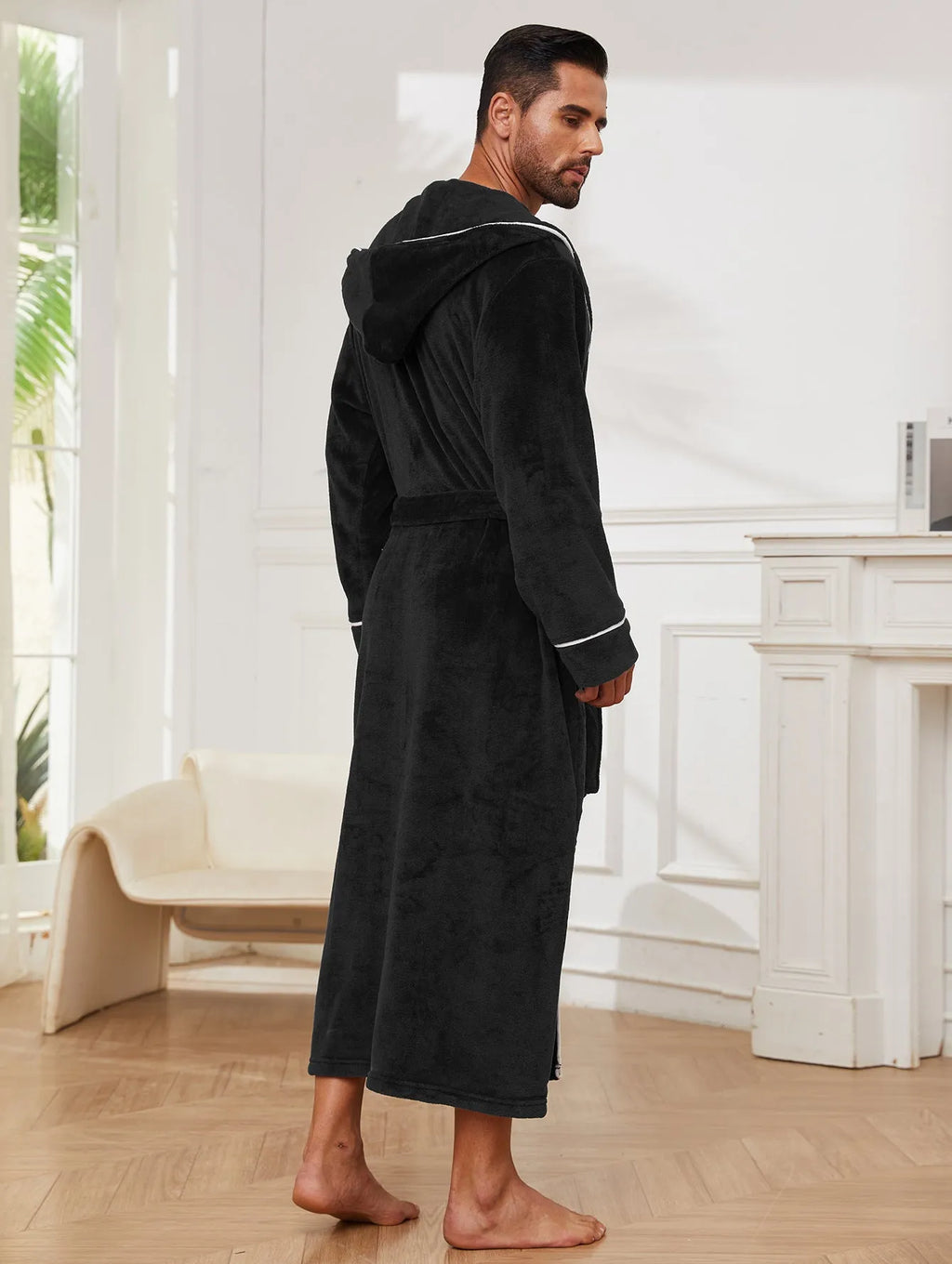 Men's grey flannel bathrobe set with European styling for winter loungewear