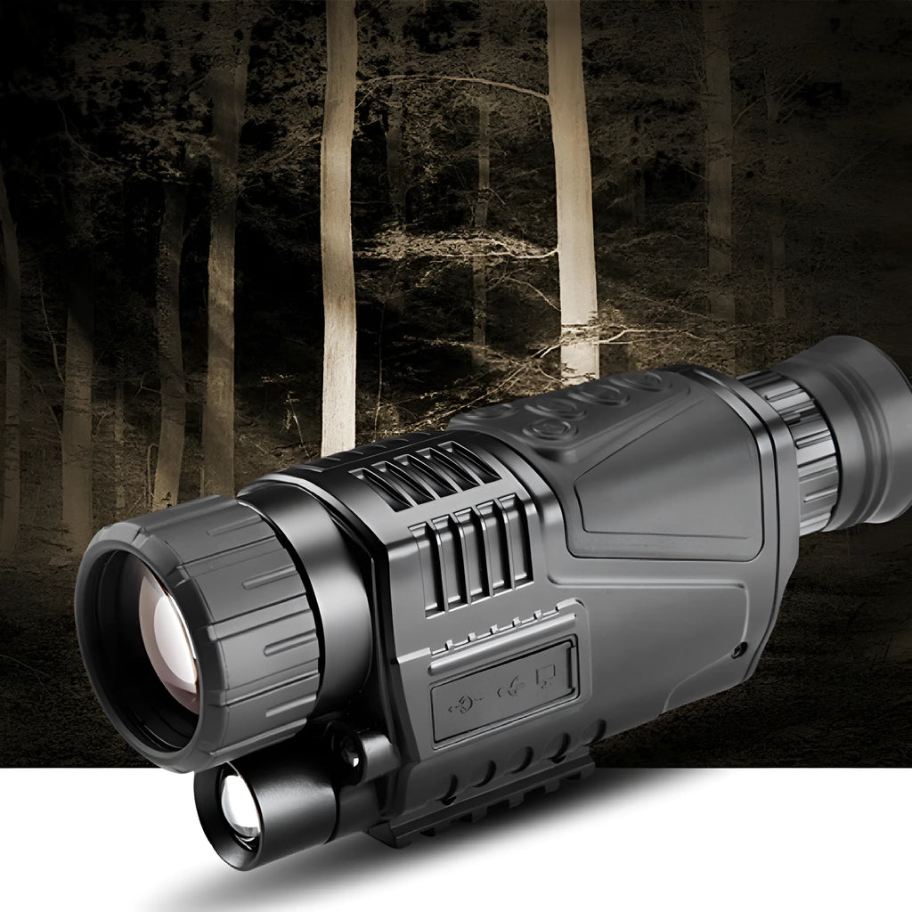 Black infrared digital night vision telescope with rubber grip, shown with storage bag and cables.