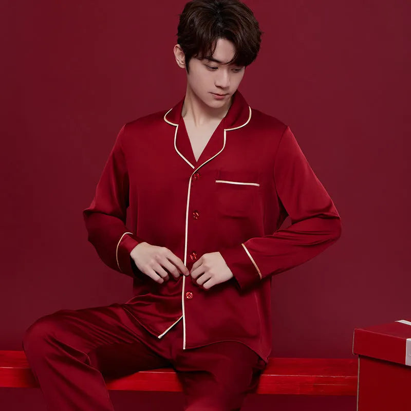 Matching red ice silk polyester sleepwear set for men and women with long sleeves and trousers