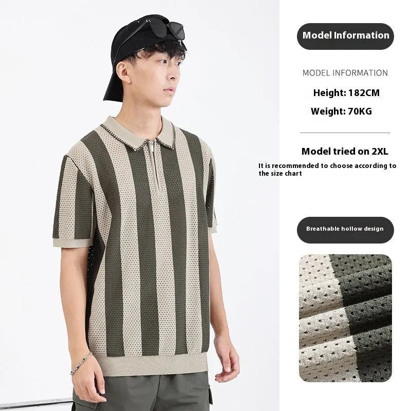 Men's short sleeve summer sweater in viscose with stripe pattern and zipper details