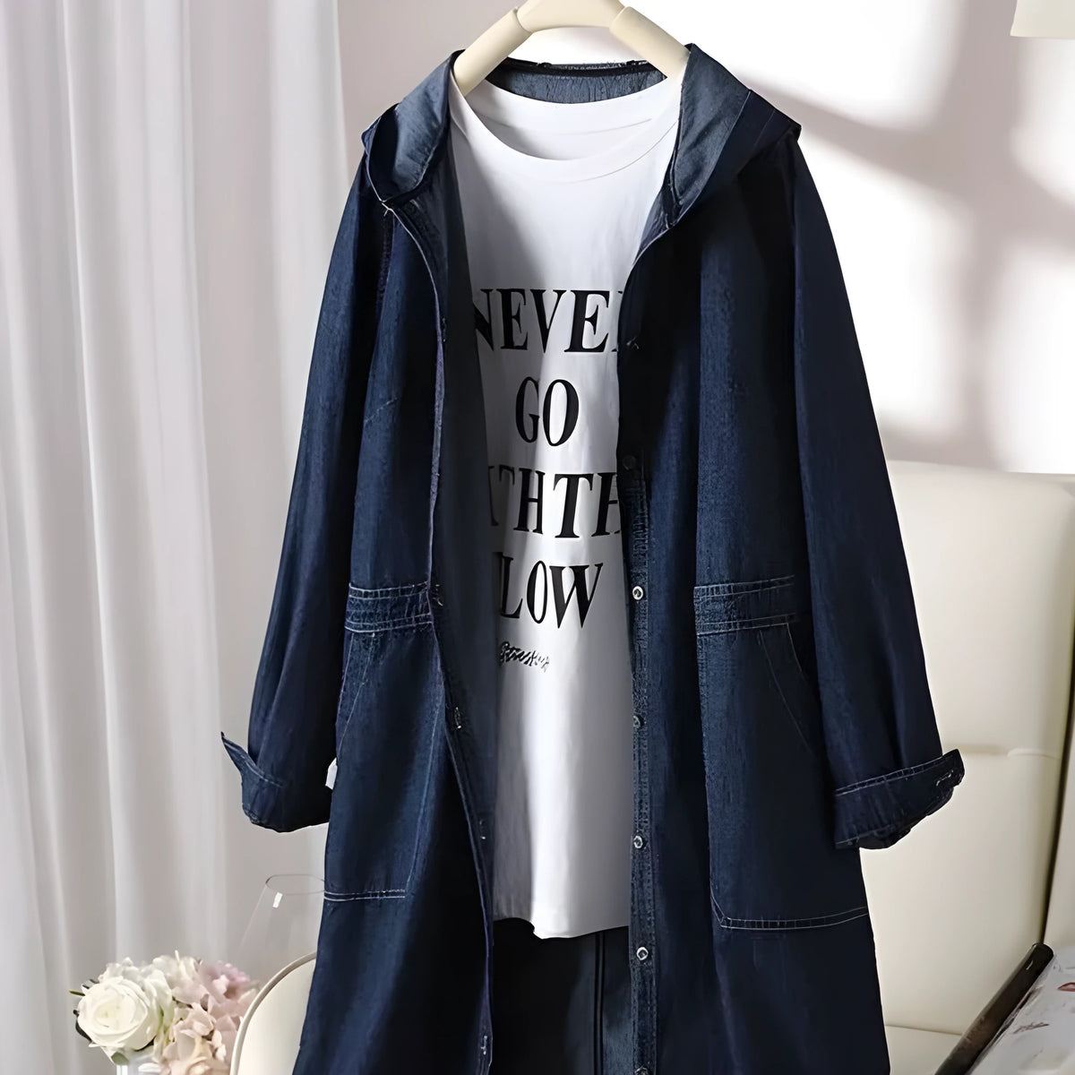 Long sleeve solid colour hooded denim top in Denim Blue with large front pocket