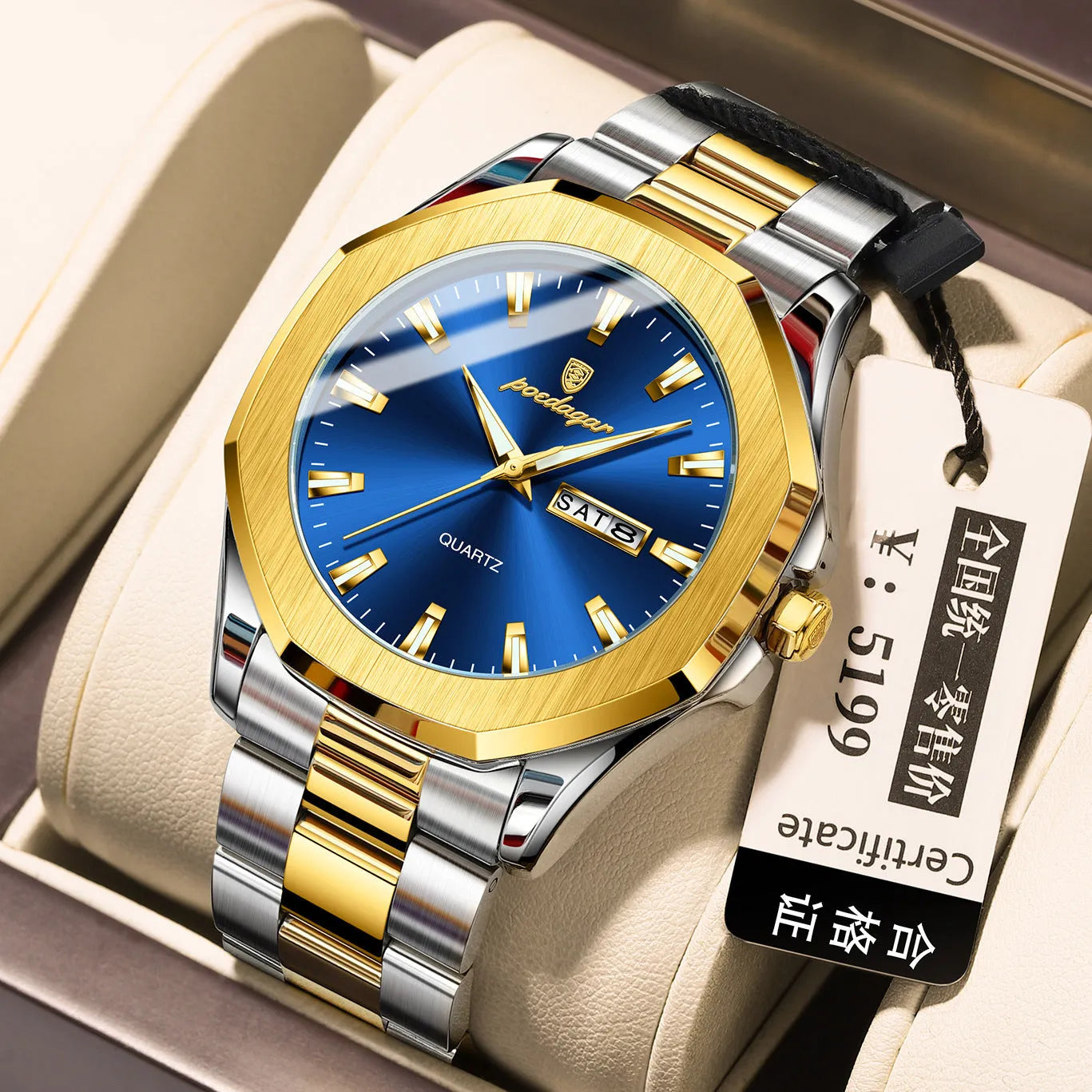 Men's steel strap quartz watch with 9mm case in gold and blue colour combination