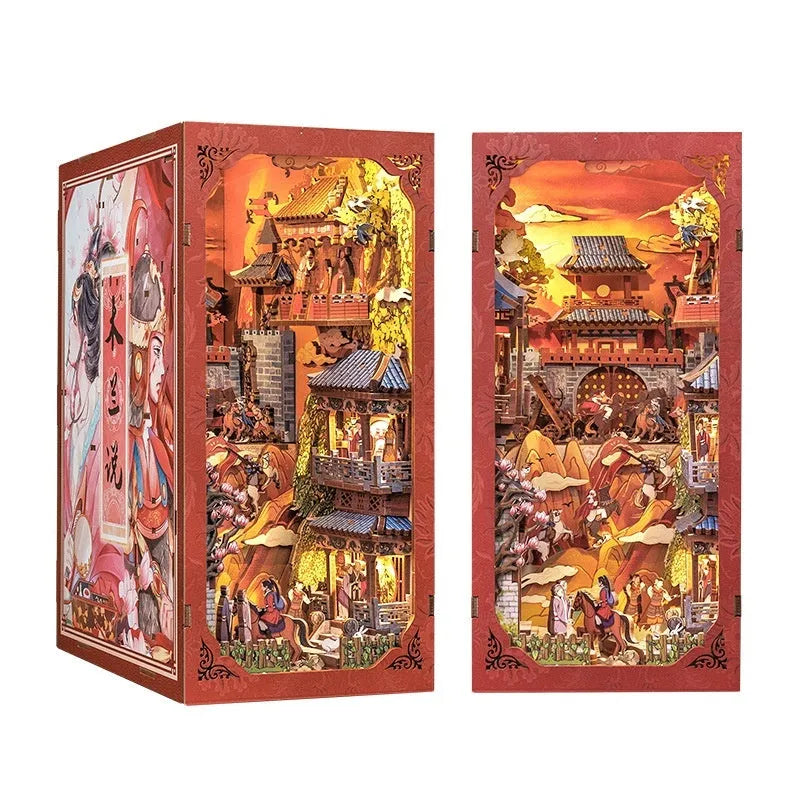 CuteBeediy Green Bamboo Bookstore wooden 3D hand-assembled book stand model with flashing lights on a wooden surface