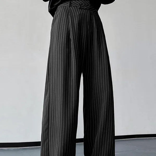 Black men's casual trousers with vertical stripes and front pleats made from rabbit hair and bamboo fibre.