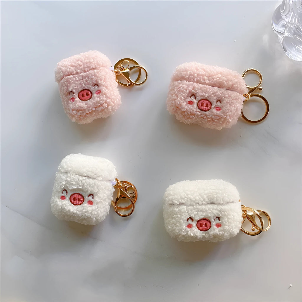 Beige plush pig flannel protective cover with bracelet for AirPods case, cartoon animal design