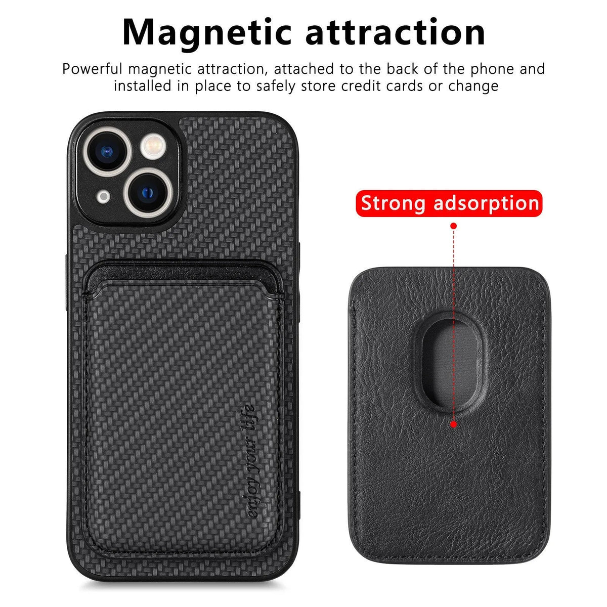 Imitation leather phone case sticker with magnetic card holder in black, compatible with iPhone and Samsung