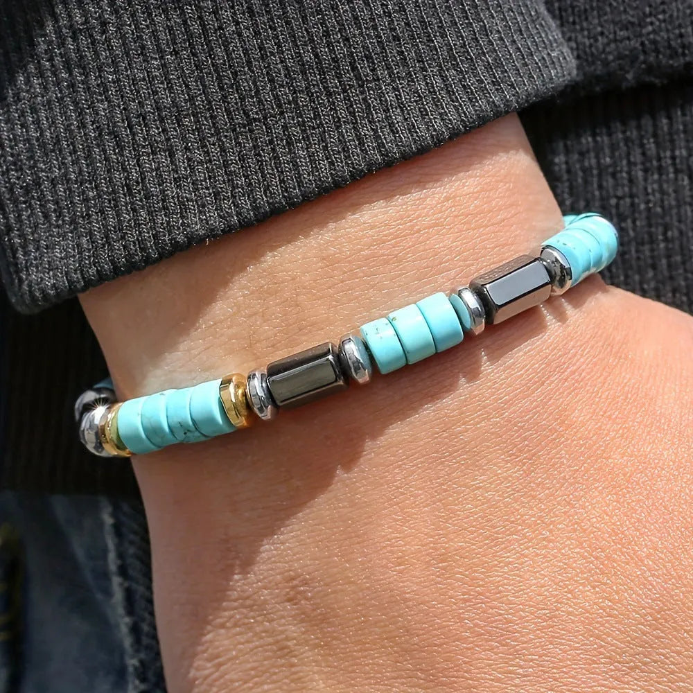 Handmade retro men's bracelet with turquoise and haematite beads, colour CZL165
