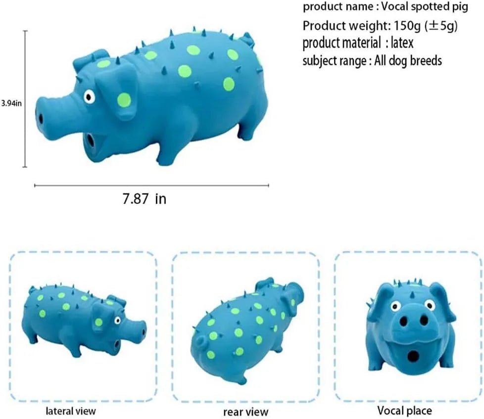 Pig-shaped latex dog chew toy with textured surface and squeaker in various colours