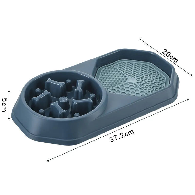 Blue slow feeder dog bowl with maze pattern and non-slip pads for small medium dogs