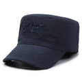 Men's flat-top peaked cap in cotton, shown in army green colour with an adjustable strap.