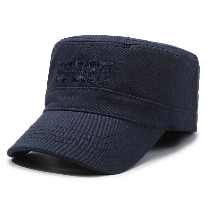 Men's flat-top peaked cap in cotton, shown in army green colour with an adjustable strap.