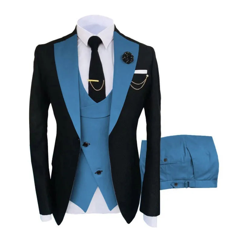 Men's slim fit three-piece suit in a light business style with coat, vest, and trousers