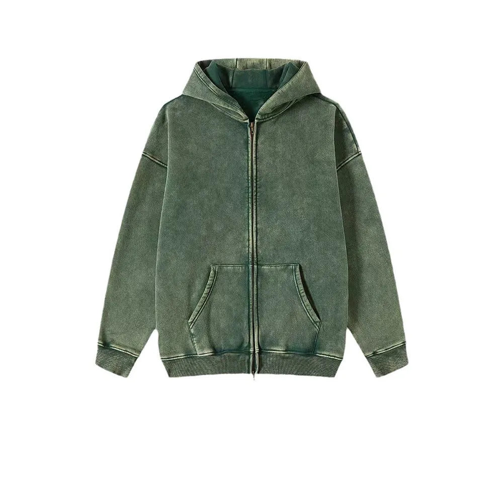 Men's washed cotton hooded cardigan with fleece lining and double zipper front.