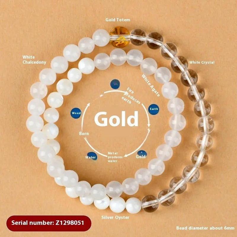 Handmade women's crystal double ring bracelet in five elements colours on a wrist.