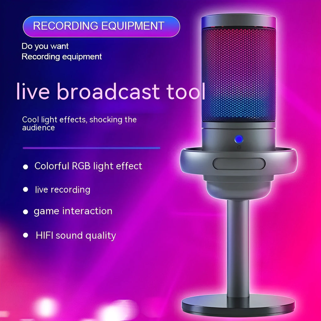 Condenser microphone with RGB lighting in black, white, or pink colours with USB cable