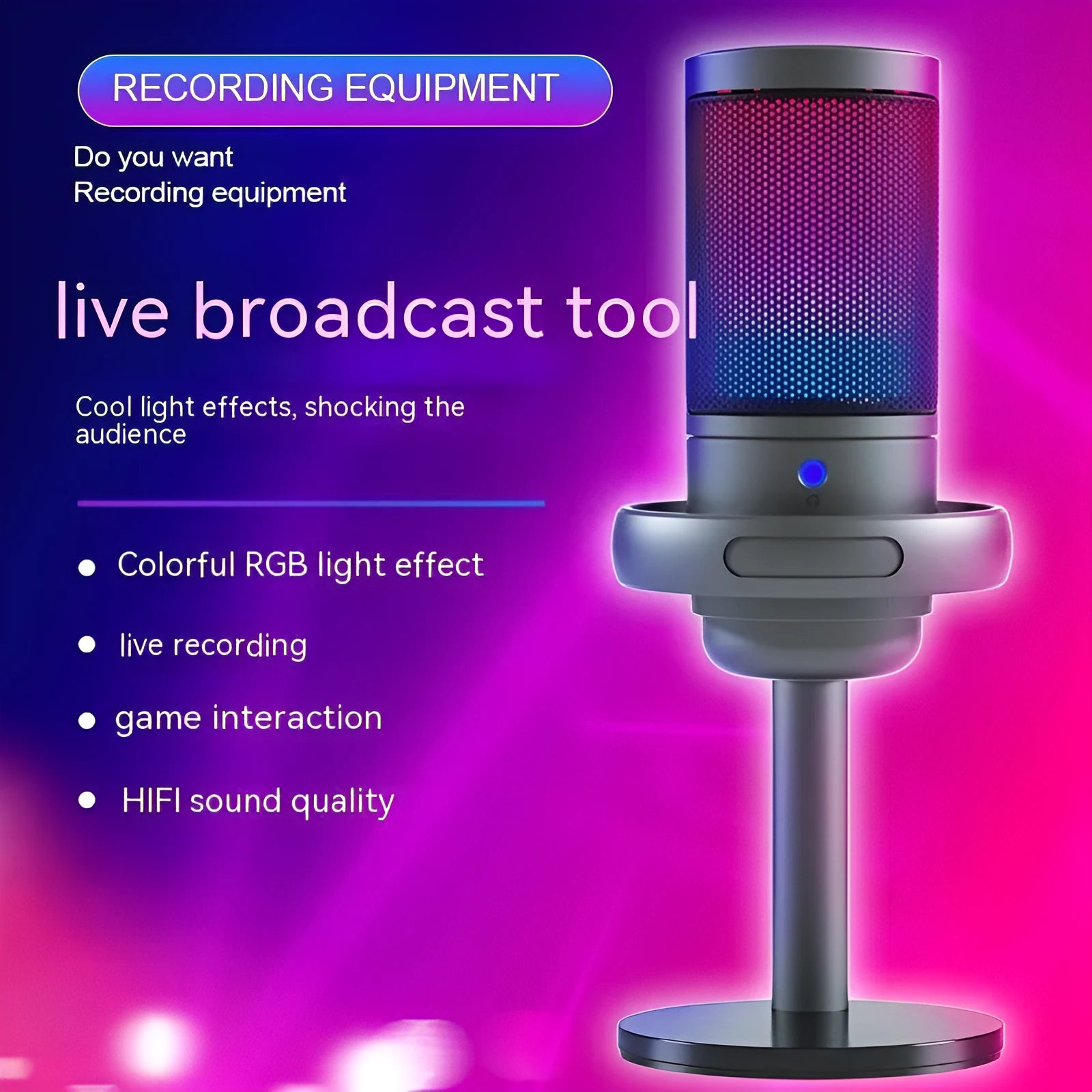 Condenser microphone with RGB lighting in black, white, or pink colours with USB cable