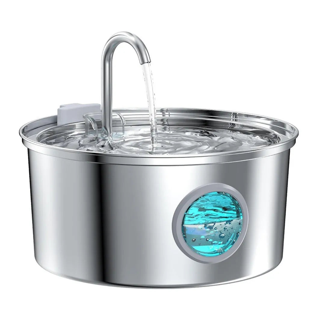 Stainless steel pet water dispenser with large 4-litre tank and selectable water outlet design