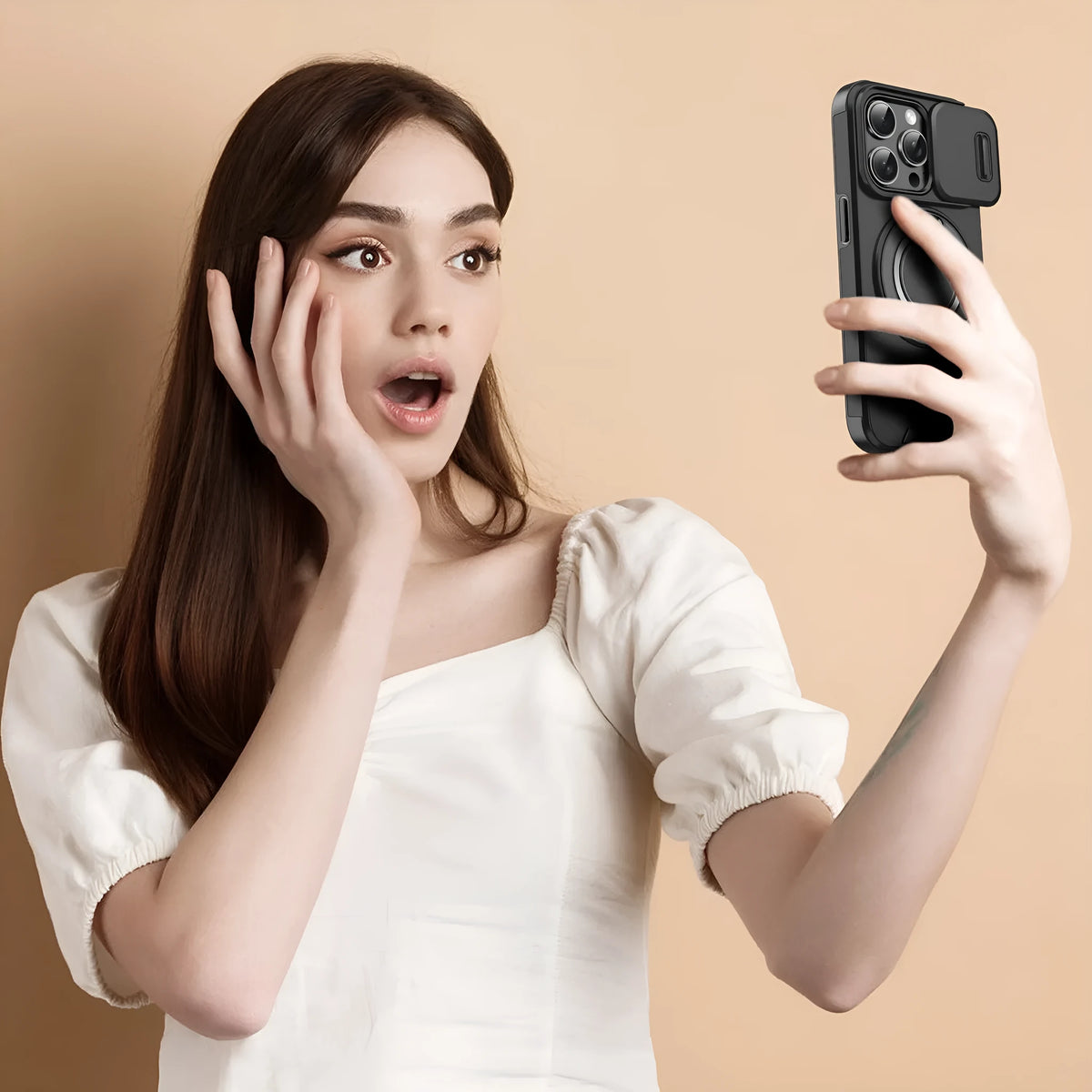Black PC phone case with sliding window bracket for Apple iPhone 15 Pro Max, drop-resistant design