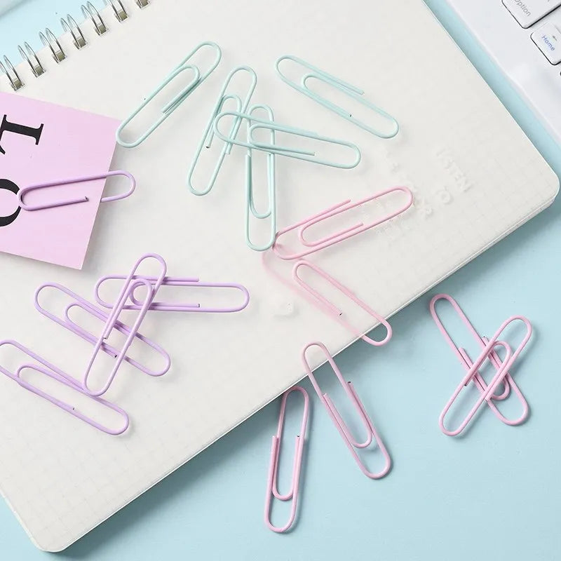 Macaron colour alloy paper clips in pink, purple, and green – 50mm and 28mm sizes in box