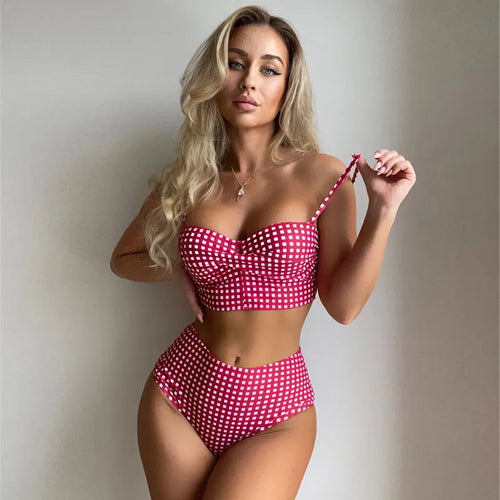 Women's plaid print bikini swimsuit with high-waist split design briefs and coordinating top.