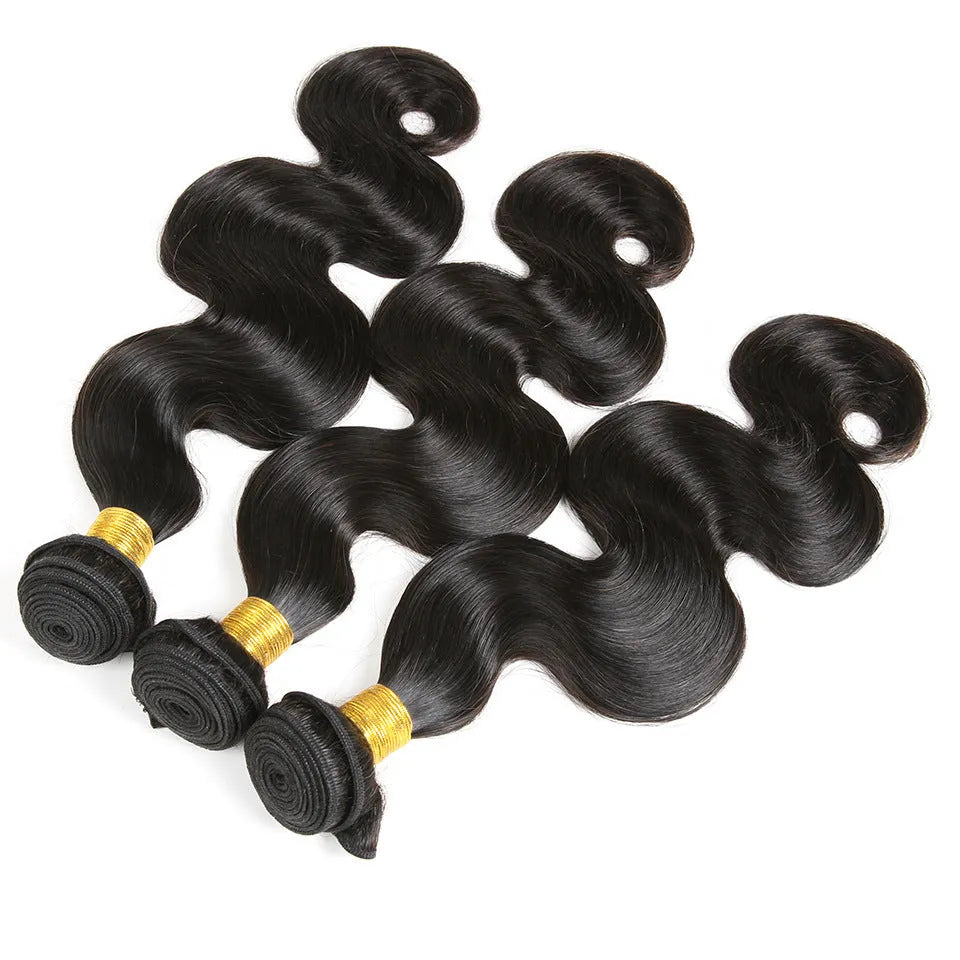 Piece body wave human hair bundles in black, lengths 8 to 24 inches, on a light background
