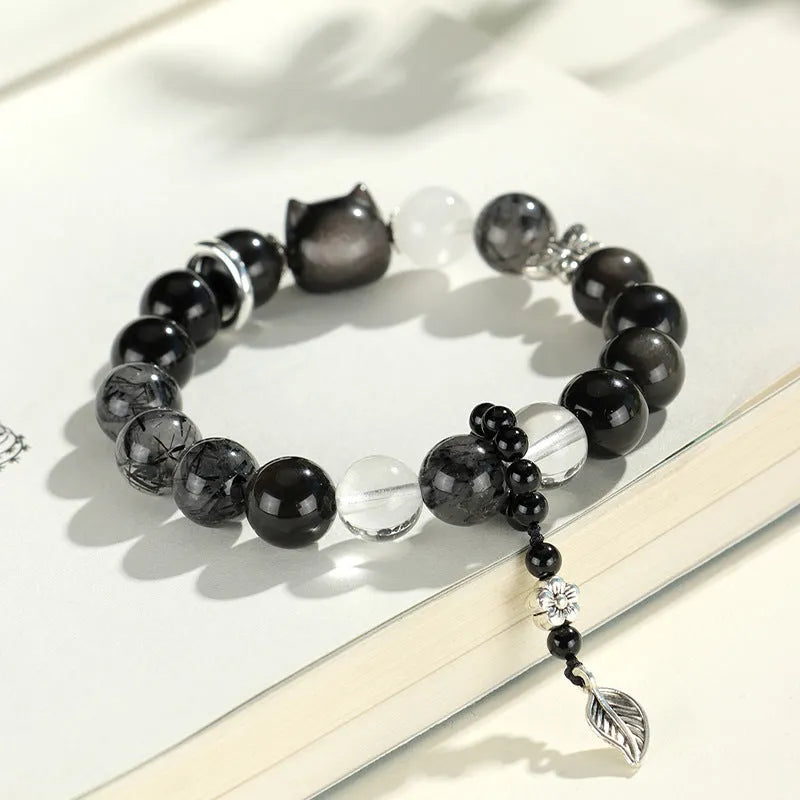 Silver stone crystal bracelet with fox charm featuring white, pink and navy blue beads